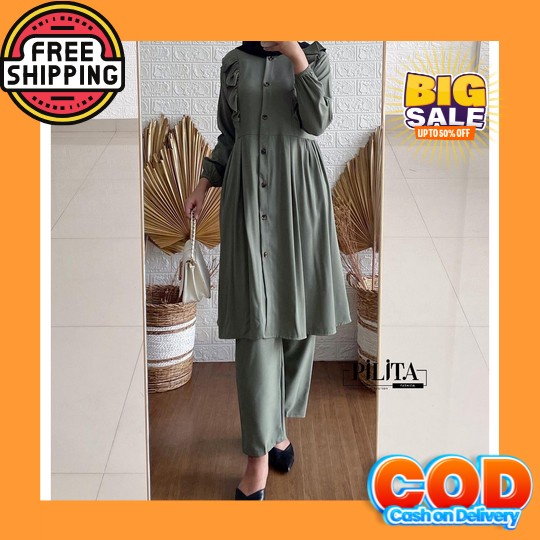 Setelan Tunik Wanita/Stelan Tunik Celana Panjang/Setelan Celana Long T Pilita - Estiana Set 2In1 - S