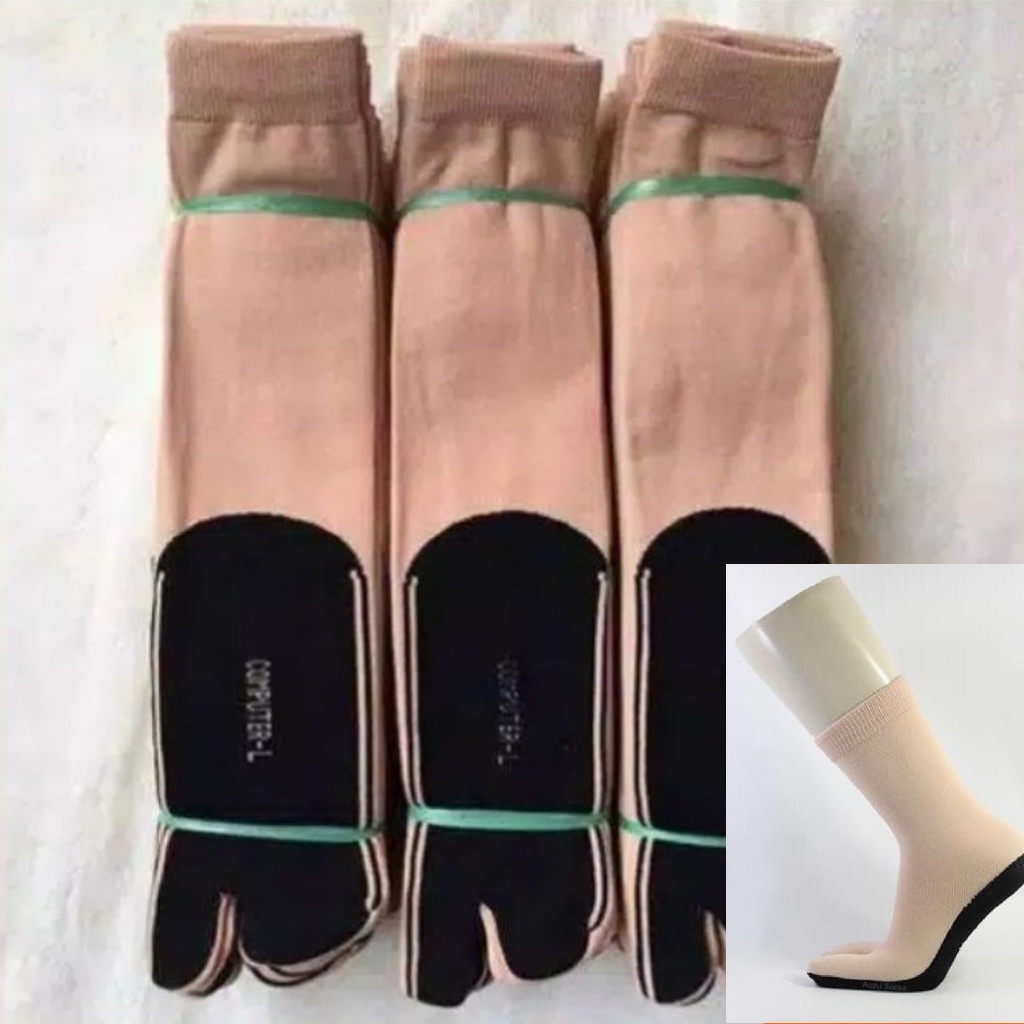 kaos kaki wanita jempol muslimah 2 jari bahan nilon lembut krem telapak hitam