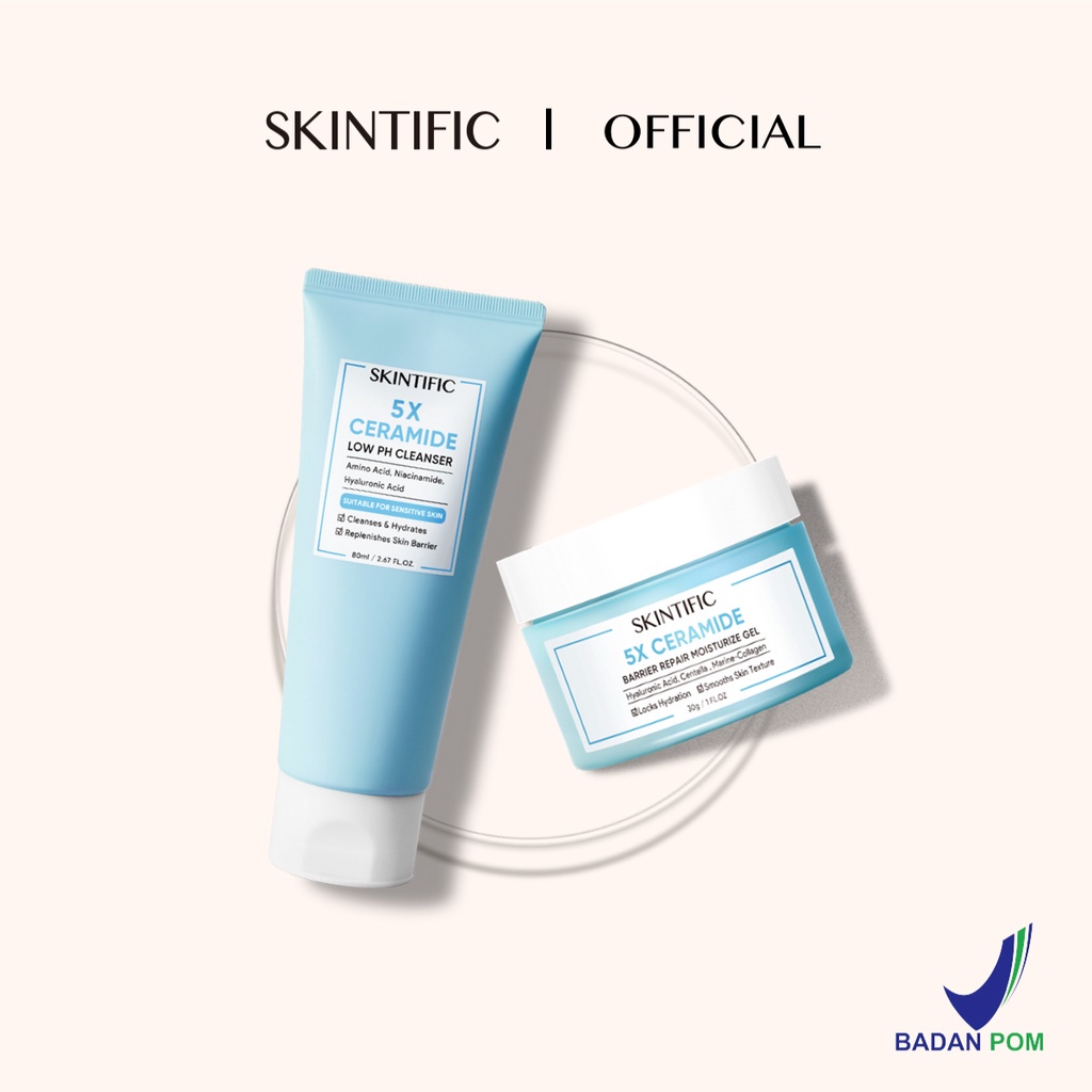SKINTIFIC 2pcs Set | 5X Ceramide Low pH Cleanser 80g Facial Wash Sabun Cuci Muka Pembersih + 5% Ceramide Barrier Repair Moisture Gel 30g Pelembab Wajah