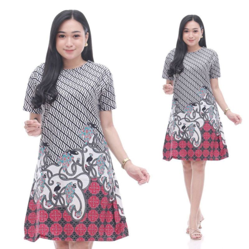 DRESS BATIK LENGAN PENDEK WARNA MERAH/ BAJU ATASAN WANITA UKURAN : M,L,XL,XXL