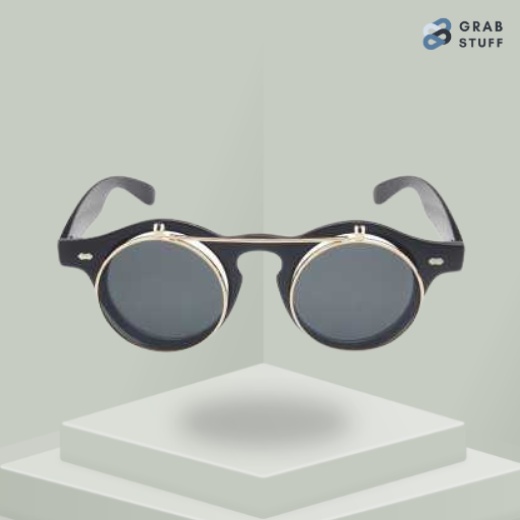 Kacamata Hitam Klasik Double Frame Retro Steampunk Bisa Buka Tutup / Kacamata Bundar hitam Vintage Double Frame Pria Wanita Kacamata Steampunk Fashion Anti Radiasi UV Korea Jepang Fashion Style / Kacamata Dua Lensa Clip On Kacamata Jalan Jalan Pria Wanita