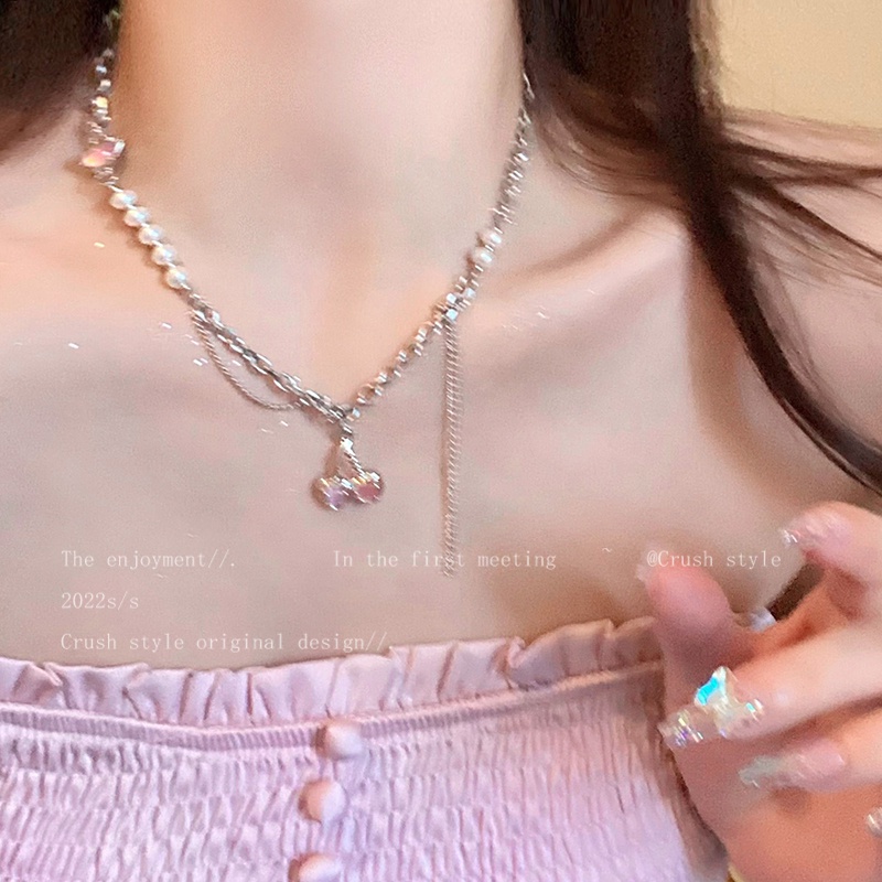 IFYOU Kalung Rantai Choker Liontin Cherry Pink Gaya Vintage Untuk Wanita