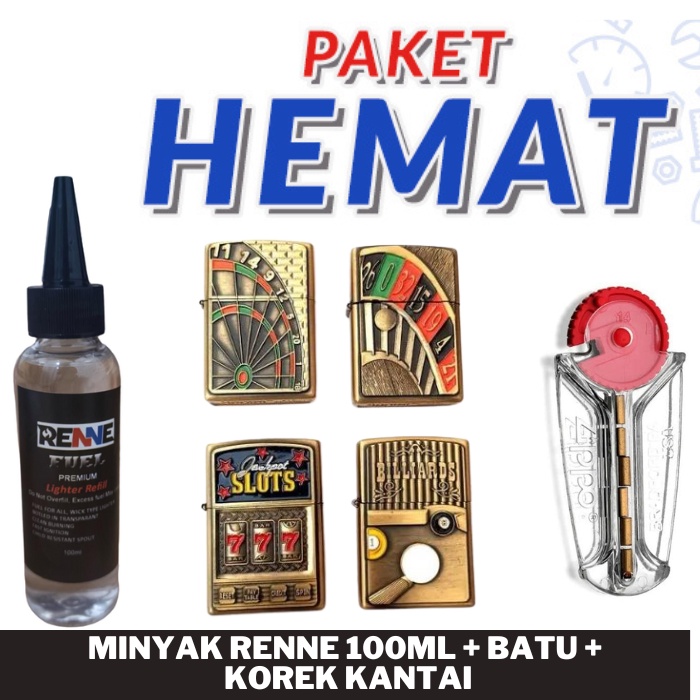 PAKET KOMPLIT KOREK API KANTAI GOLD MOTIF BILLIARD [JK 3305] + MINYAK100ML + BATU - RANDOM