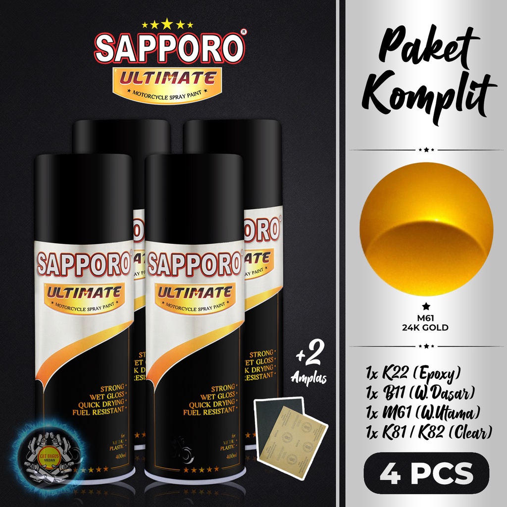 PAKET M61 24K GOLD SAPPORO ULTIMATE CAT SEMPROT 400 ML CAT MOTOR AEROSOL PYLOX KUNING EMAS METALLIC 