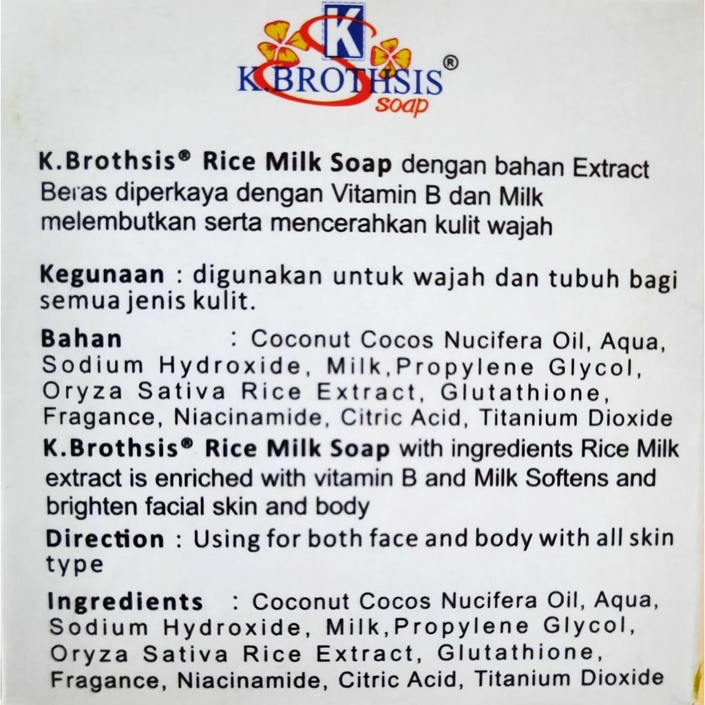 TERMURAH - Sabun Beras Susu K Brothsis ORIGINAL BPOM Halal Rice Milk Soap SATUAN / Sabun Beras Susu Thailand Pemutih Badan / Sabun Muka Glowing dan Putih Sabun Mandi Batangan / Sabun Wajah Glowing Permanen Cuci Muka Sabun Pemutih Kulit Ketiak Selangkangan