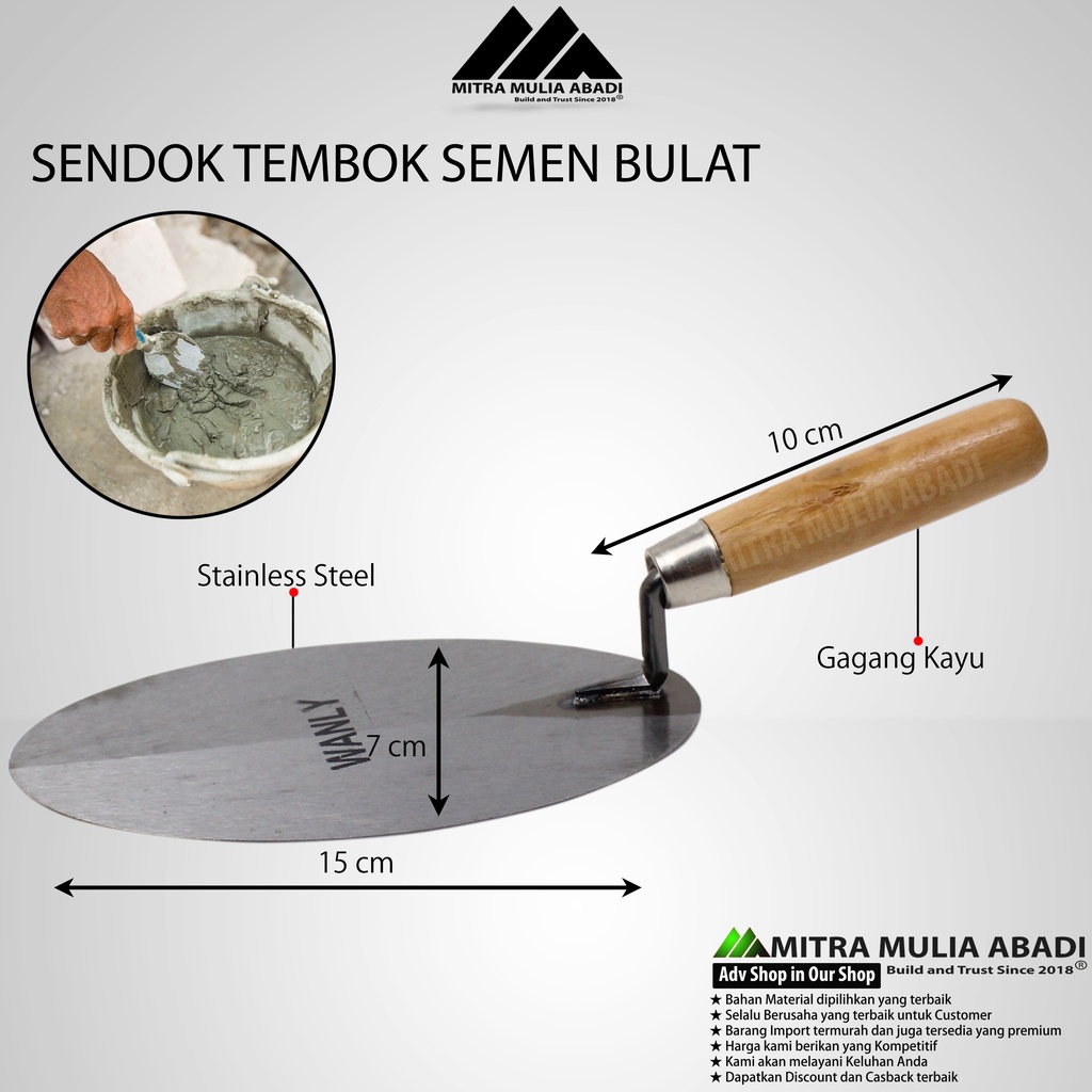 Sendok Semen Tembok 7inch 15cm Sendok Semen Pelur Gagang Kayu