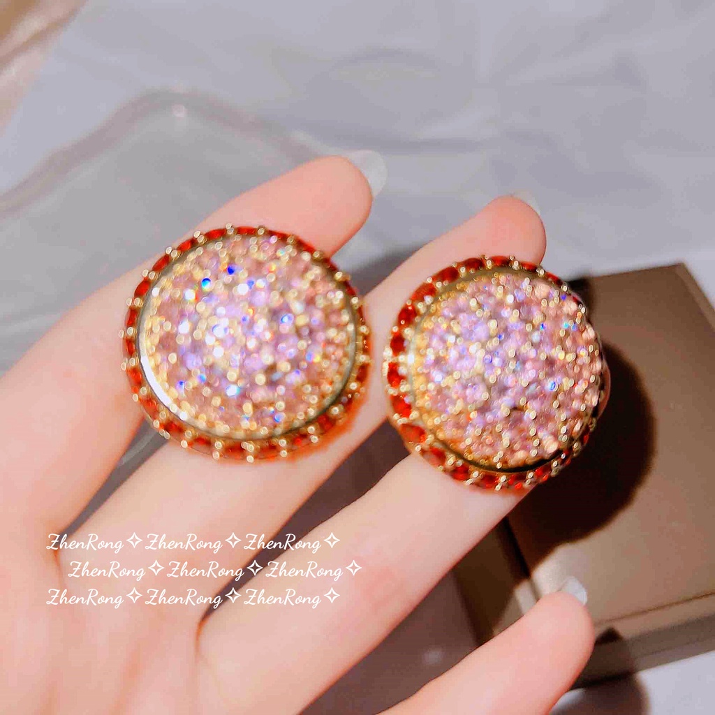 Goldkingdom Perhiasan Fashion Emas Asli Kadar 375 Bangkok Aksesoris Ready Stock Vintage Gaya Istana Prancis Berlian Merah Muda Terang Putaran Hemisphere Berlebihan Anting Pejantan Besar