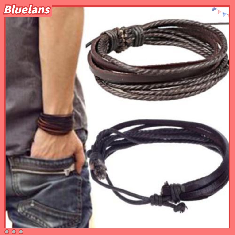 Bluelans Gelang Bangle Multilayer Bahan Kulit Imitasi Gaya Vintage Untuk Pria Dan Wanita