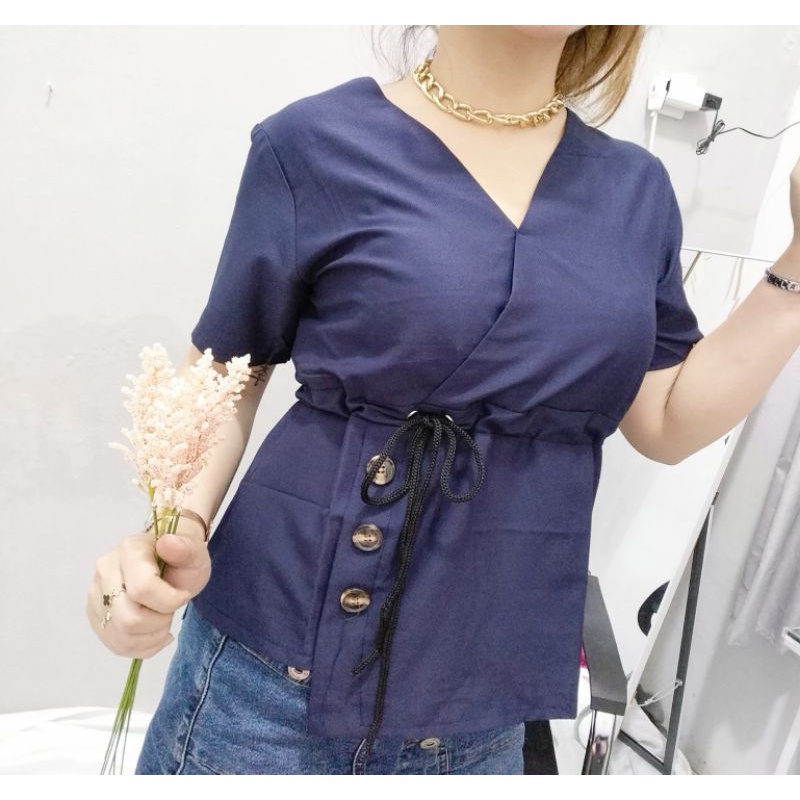 Cherry_ atasan blouse serut variasi kancing hidup bahan Polyester