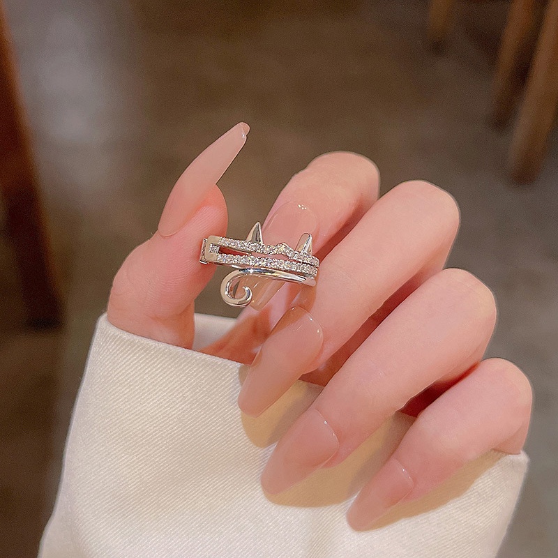 Cincin Jari Telunjuk Silver Desain Kucing Lucu Hias Zircon Untuk Wanita