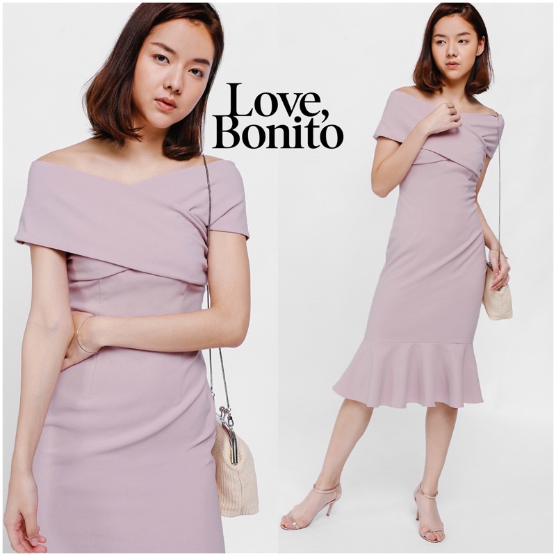 Love Bonito Rosamonde Off Shoulder Trumpet Dress Sabrina Cross Pink Midi Mermaid Dress Party Wedding