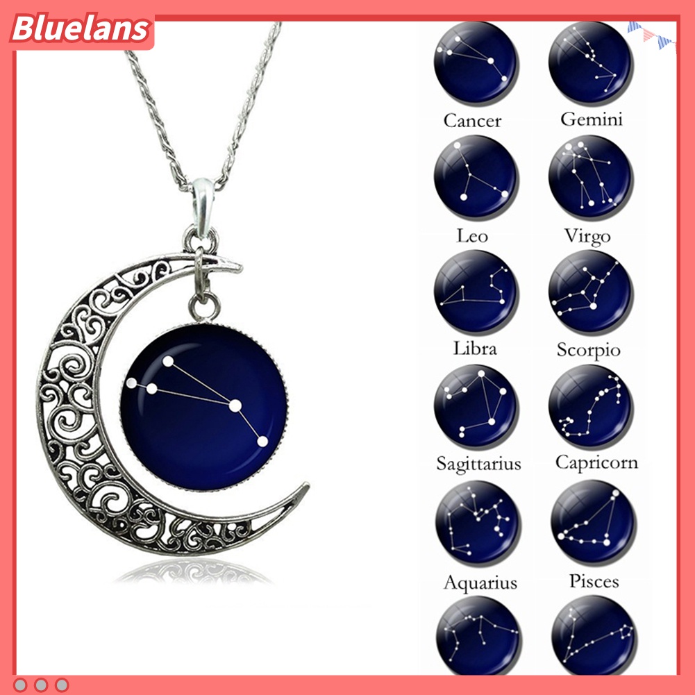 Kalung Liontin Bulan Sabit Astrologi Bahan Kaca Cabochon Model Hollow Untuk Wanita