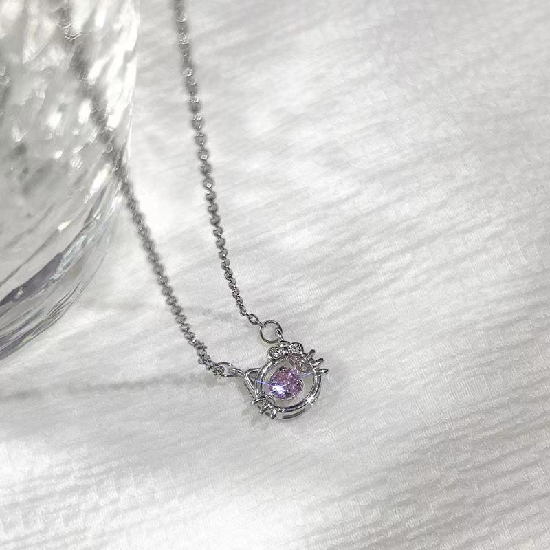 Kalung Desain Kepala Kucing Aksen Berlian Warna Pink Untuk Wanita