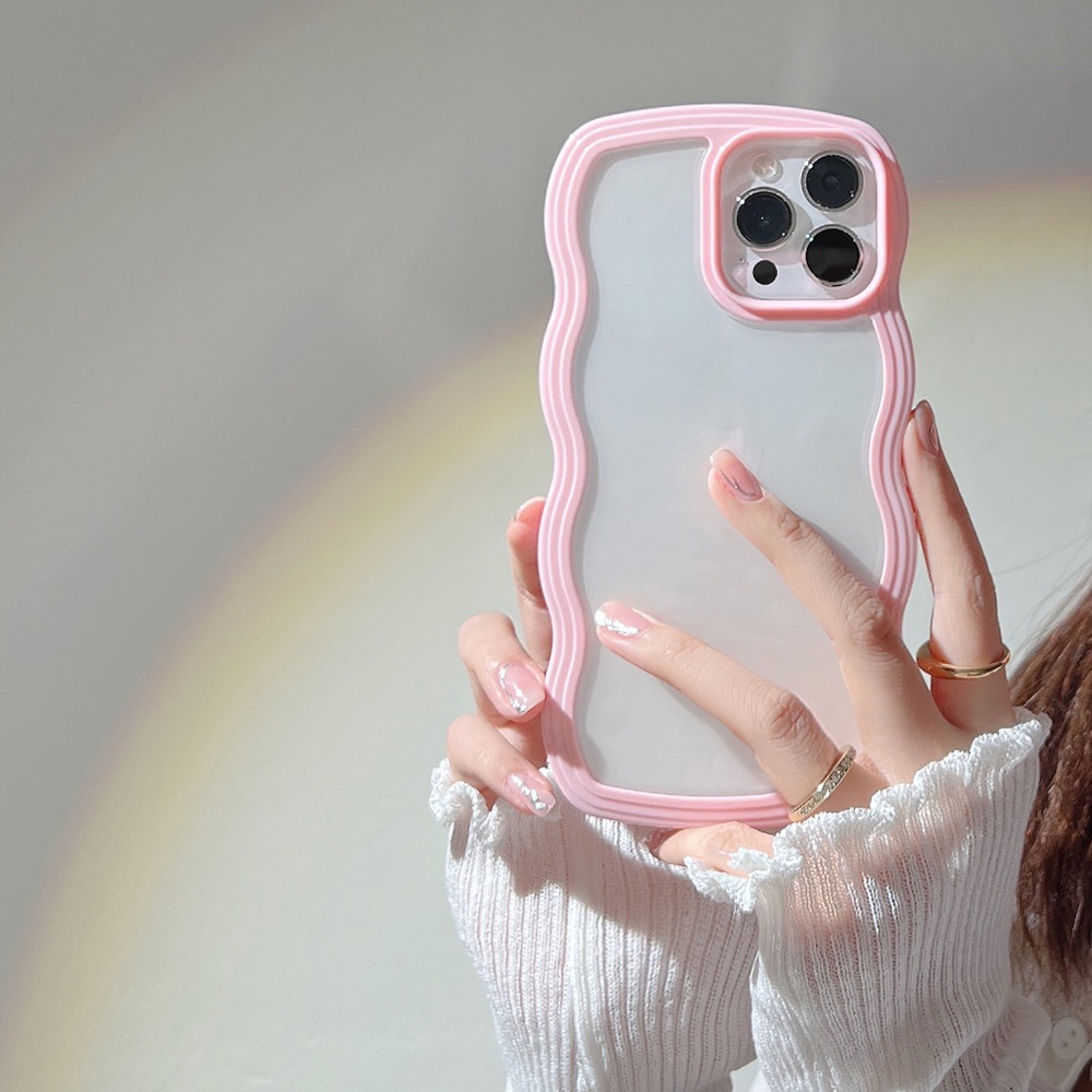 Ins Case Transparan Pinggiran Gelombang Warna Permen Pink Biru Ungu Putih Untuk Iphone 14 PRO MAX