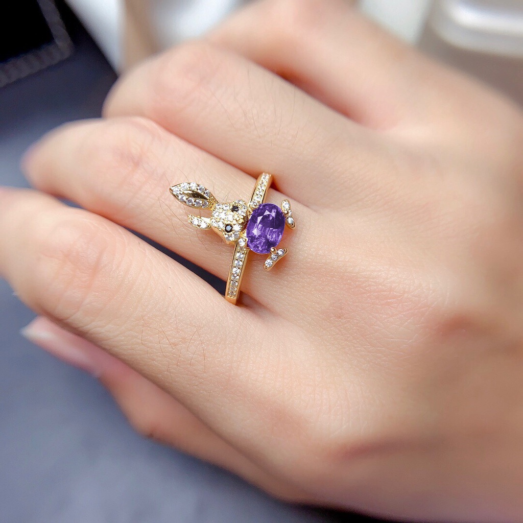 Goldkingdom Perhiasan Fashion 24K Bangkok Aksesoris Ready Stock Berlapis Emas Asli Kadar 375 18k Amethyst Kelinci Lucu Liontin Micro Berlian Rabbit Cincin Wanita Set