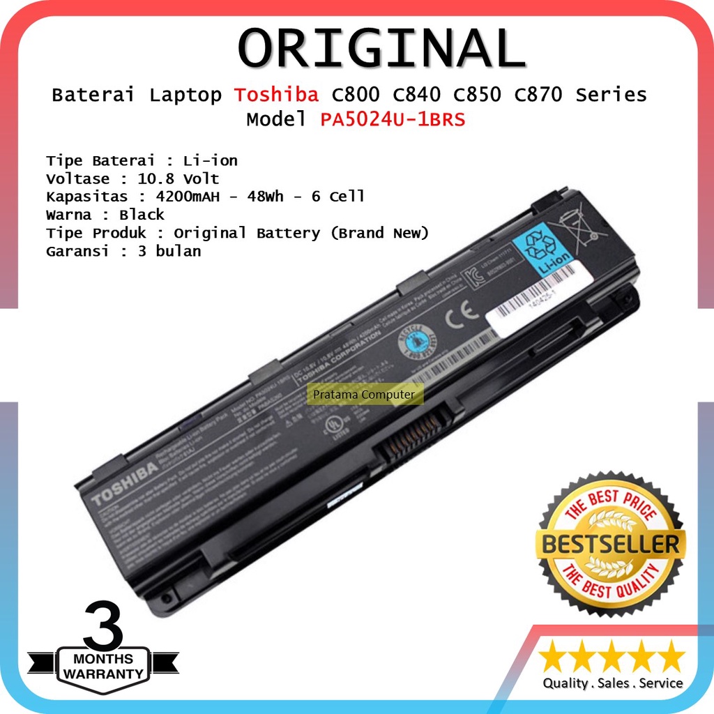 Baterai Original Laptop Toshiba L850 S850 P800 M840D Series Model PA5024U-1BRS