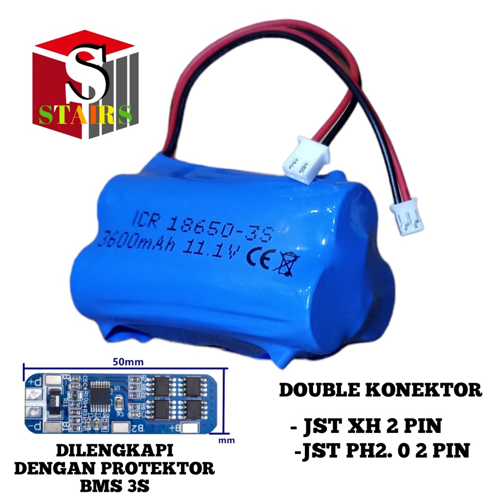 Baterai RC/ Mainan Anak / Batrai Speaker &amp; Elektronik Lainnya 3X 18650 4800mAh 12V Protektor BMS 3S 10A Double Soket JST PH2.0 &amp; XH 2 PIN