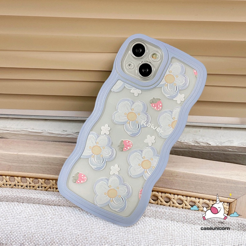 Flowers Case Realme C53 10 C55 9 9i 7 7i 9 Pro+5 6i 5i 8 8Pro C33 C30 C12 C25 C35 C21Y C25Y C11 C25s 8i C15 C3 C1 C20A C20 C20A Lembut Lucu Strawberry Flower Wavy Edge Frame Sarung