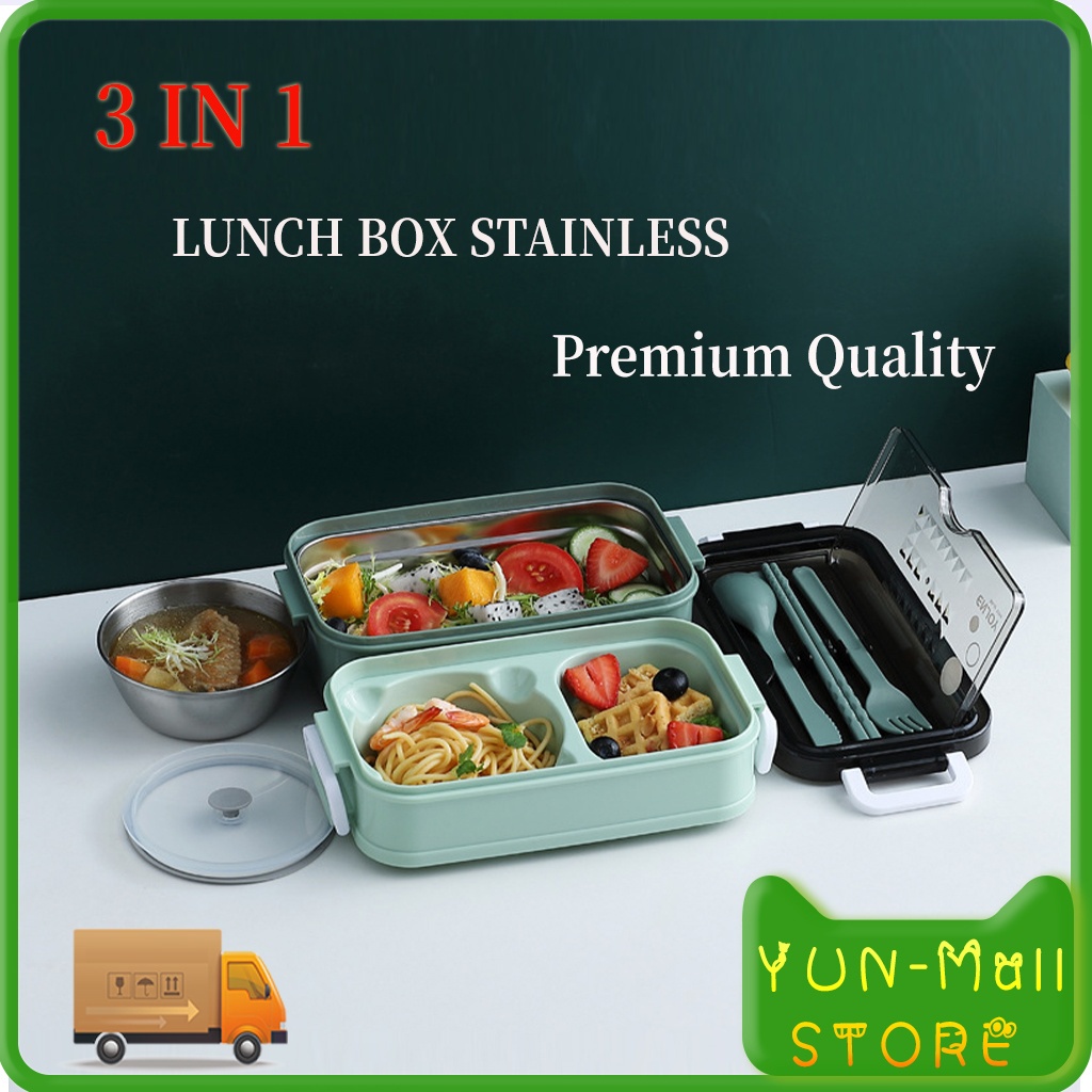 【COD+Pengiriman Cepat】YUN Mall Kotak Makan lLnch Box Stainless Dan Tas 3in1 Lunch Box Stainless Kotak Bekal Makan Sendok Garpu Set Kotak Makan Anak Tempat Makan Sarapan Sekolah