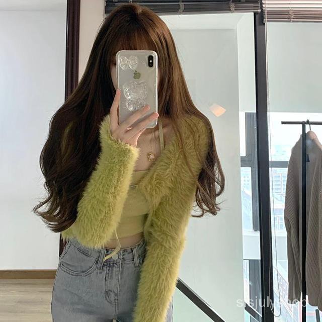 Satu potong jas pasang retro gaya Barat mengurangi usia putih mustard hijau berbulu mink sling cardi