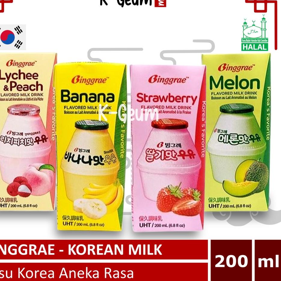 

KODEEe3E8--Binggrae Milk Korean Drink Banana Strawberry Peach Lyche Halal 200 ml