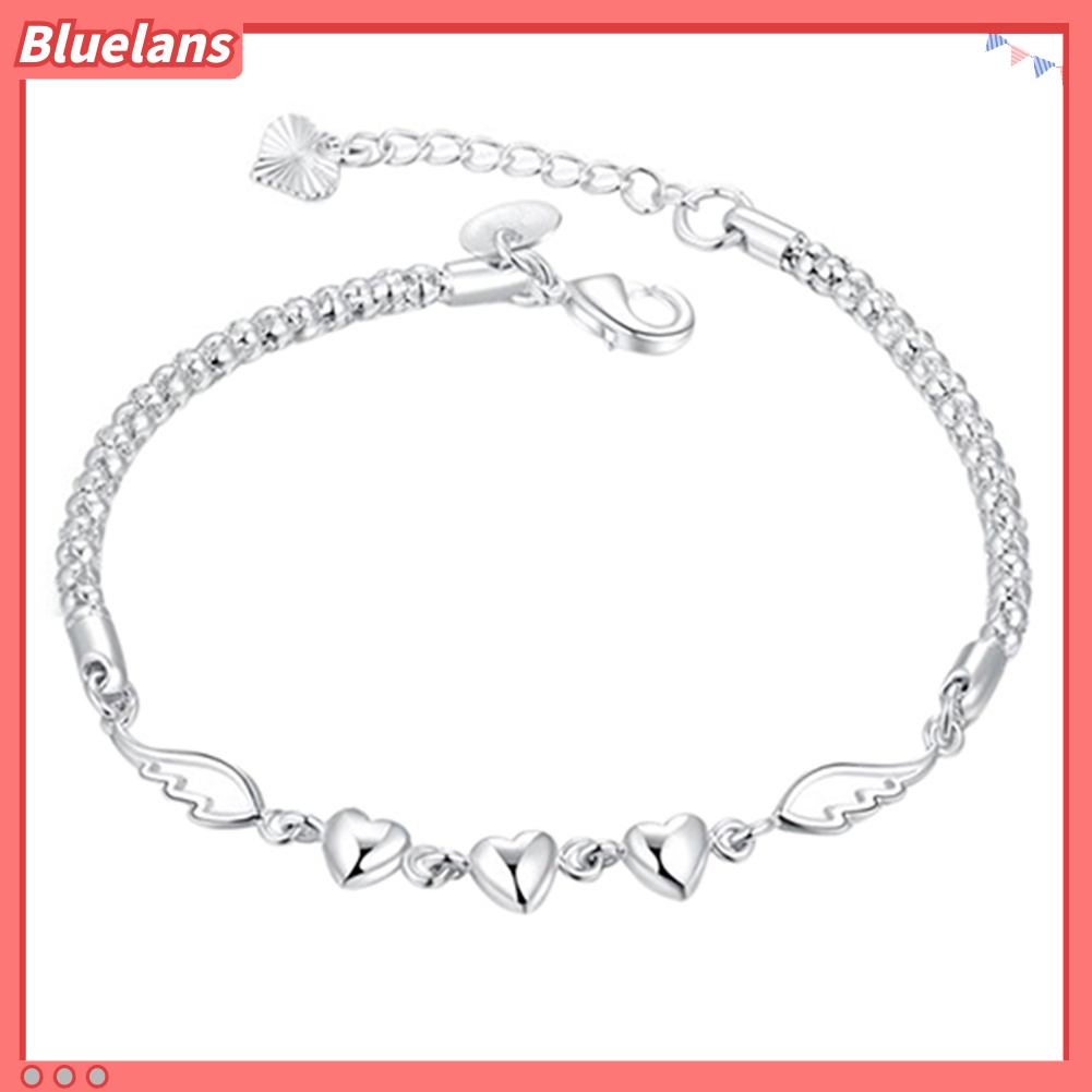 Bluelans Women 925 Sterling Silver Charm Love Heart Wings Bracelet Cuff Bangle Jewelry