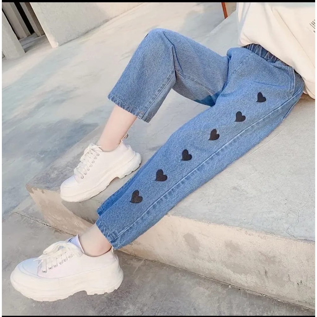 celana jeans rawis anak perempuan motif love// celana kulot rawis anak perempuan motif love // celana kulot motif love  // celana anak perempuan motif love  7-8 9-11 13-14 15-16 tahun // celana anak perempuan tanggung motif love // celana kulot rawis moti