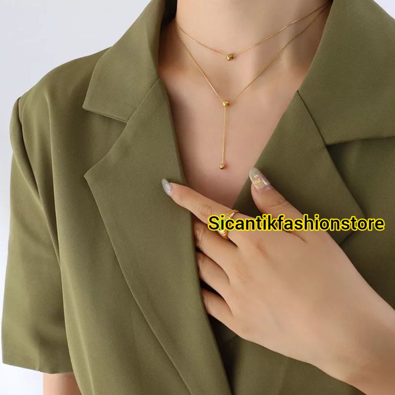 Kalung Titanium Gold Liontin Boba 2 Layer Terbaru Anti Karat Selamanya Kalung Wanita Korea 2 Layer Kalung K5 Gold Liontin Boba Viral 2 Layer