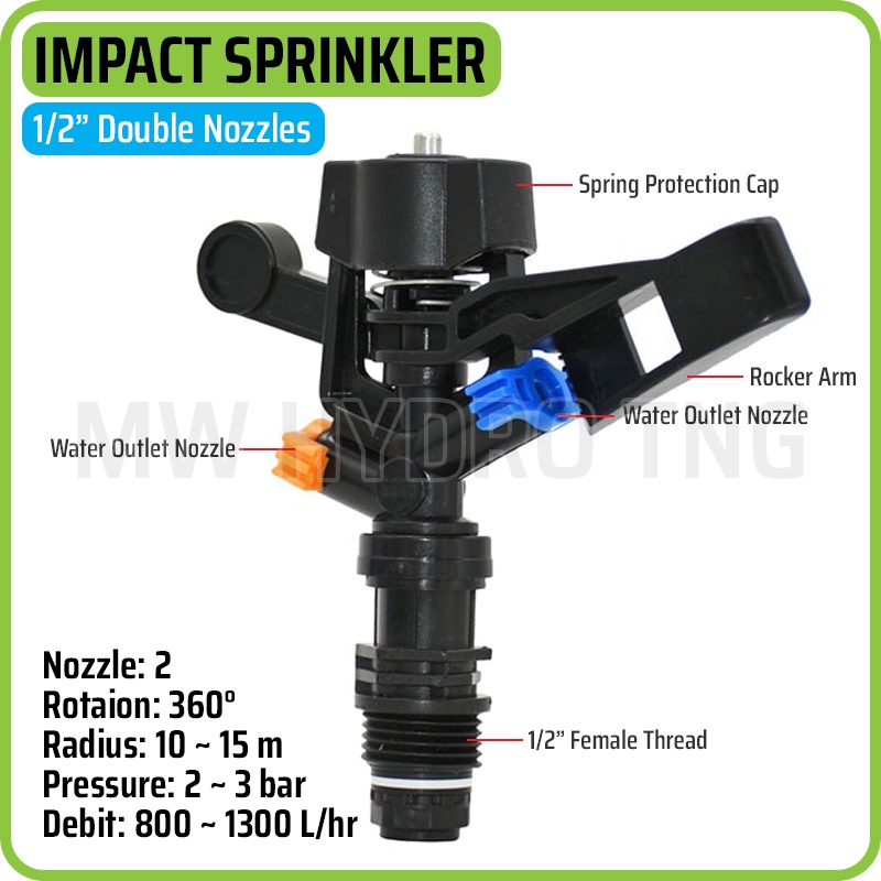 Impact / Impulse Sprinkler, Double Nozzle, 1/2&quot;