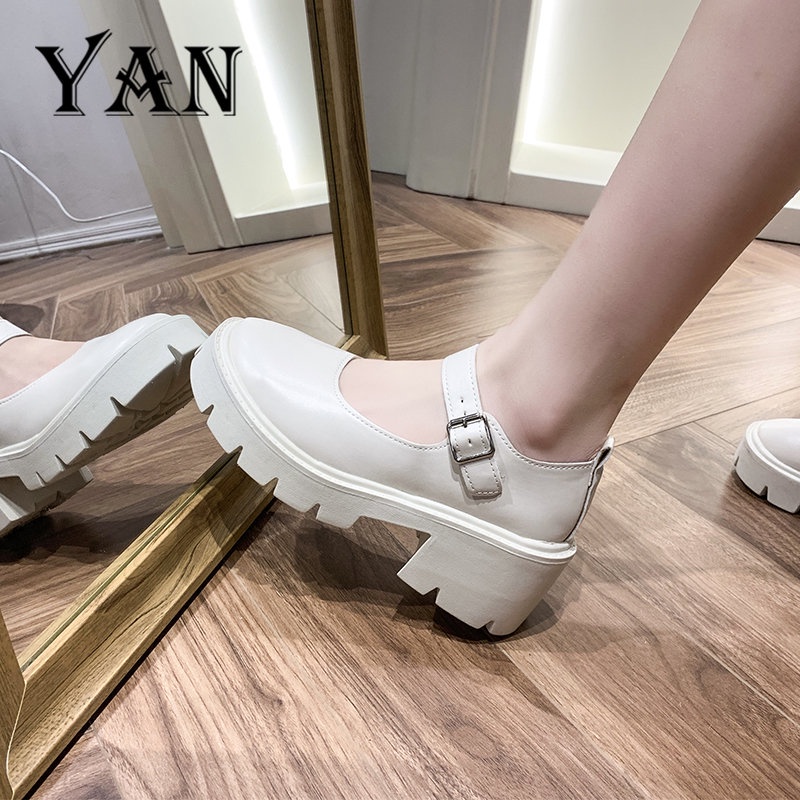 YAN Sepatu Mary Jane Wanita Kulit 5cm Chunky Block Heels Platform Shoes