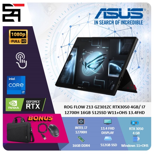 ASUS GAMING TOUCHSCREEN 2IN1 ROG FLOW Z13 GZ301ZC RTX3050-4GB i7 12700H 16GB 512GB SSD W11+OHS 13.4 Inchi FHD 120Hz