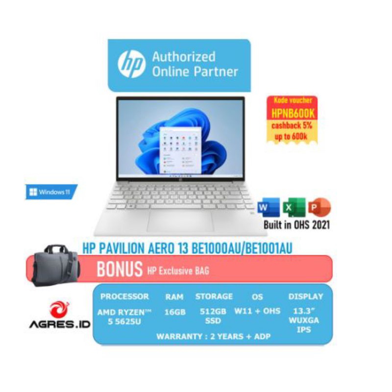 (Second) HP PAVILION AERO 13 BE1000AU/BE1001AU RYZEN 5-5625U 16GB/512SSD/W11 - Silver