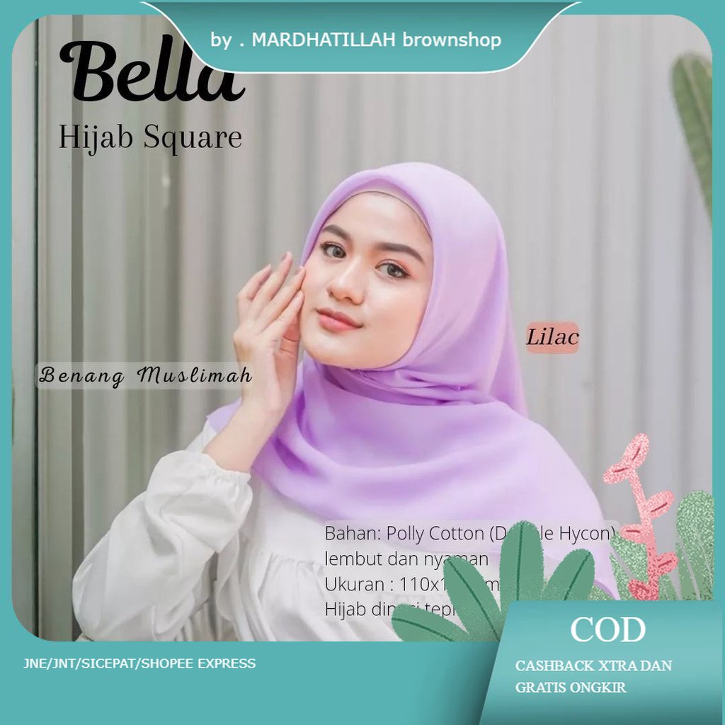 kerudung jilbab segi empat BELLA SQUARE polos bahan double hycon ( pollycotton ) premium jahit tepi 