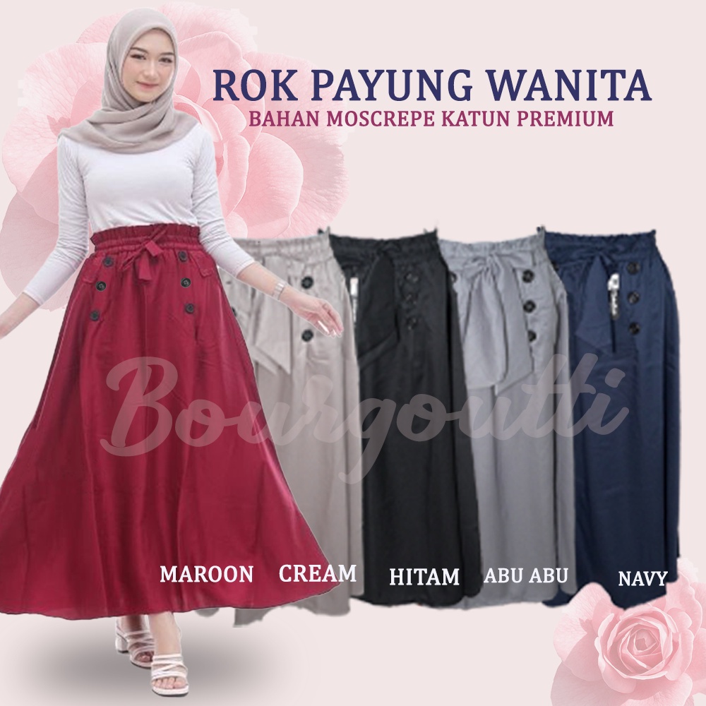 Rok Payung Panjang Polos Wanita / Rok Cewek JUMBO Bahan Moscrape Katun Premium / Rok Kain Muslim Per