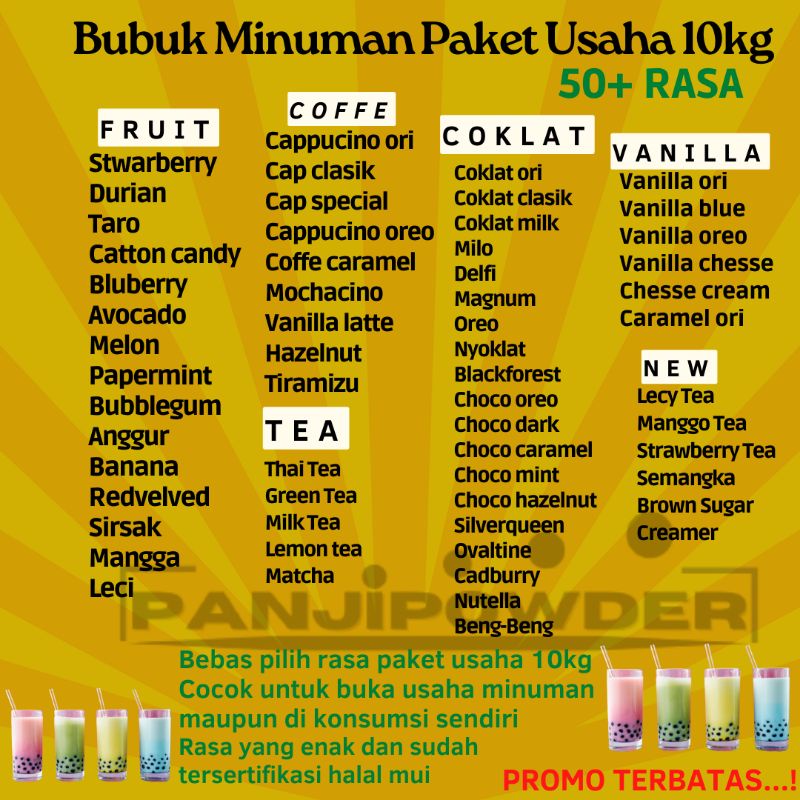 

BUBUK MINUMAN RASA PAKET USAHA 10kg BUBUK MINUMAN PREMIUM SERBUK MINUMAN KEKINIAN POWDER MINUMAN RASA
