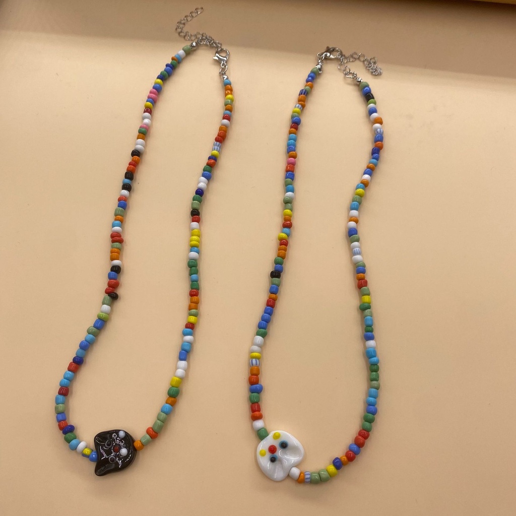 Kalung Manik-Manik Bentuk Kartun Kucing Warna Hitam Putih Untuk Pasangan