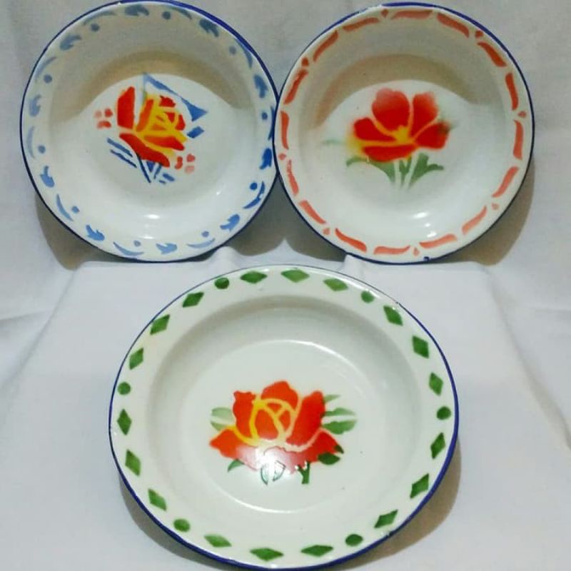 piring jadul enamel kaleng 22cm / piring makan seng motif kembang 22cm / piring jadoel vintage seng 22cm