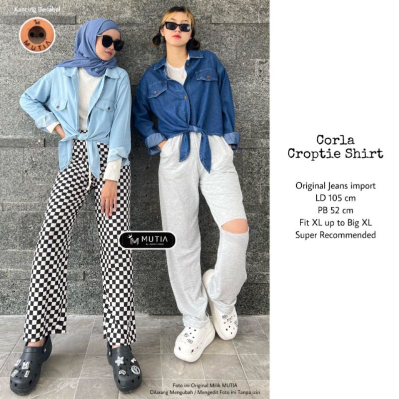 CORLA CROPTIE SHIRT BY MUTIA / BLOUSE WANITA MUSLIMAH / Blouse jeans atasan wanita kekinian