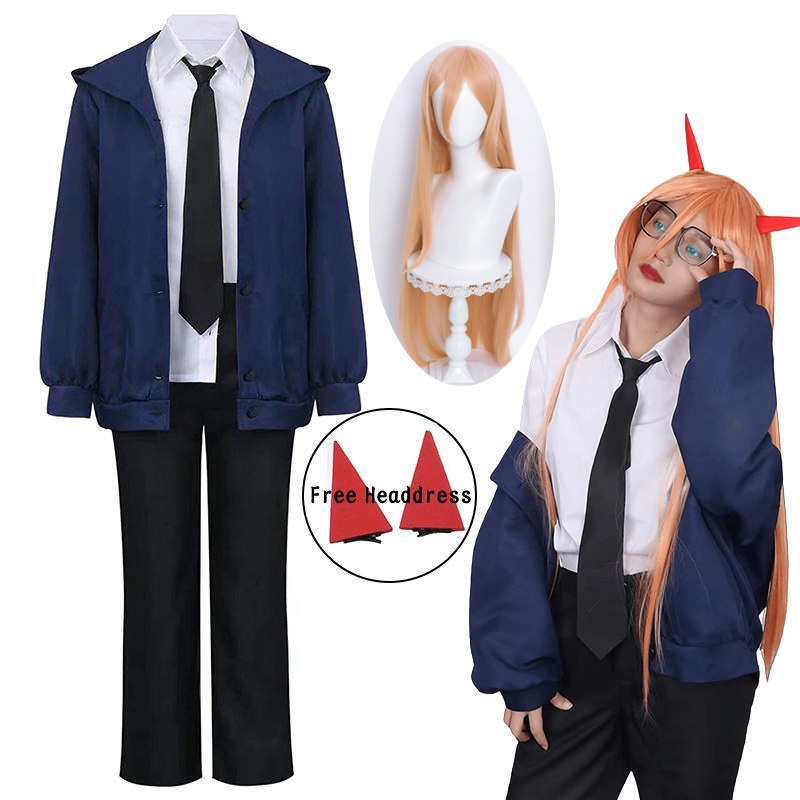 Anime Power Cosplay Chainsaw Man Cosplay Costume Blue Red Jacket Pants Wig Uniform Suit Halloween Ch