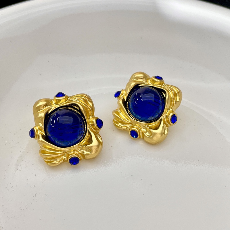 Anting Tusuk Bentuk Kotak Kaca Warna Biru Gaya Retro Untuk Wanita