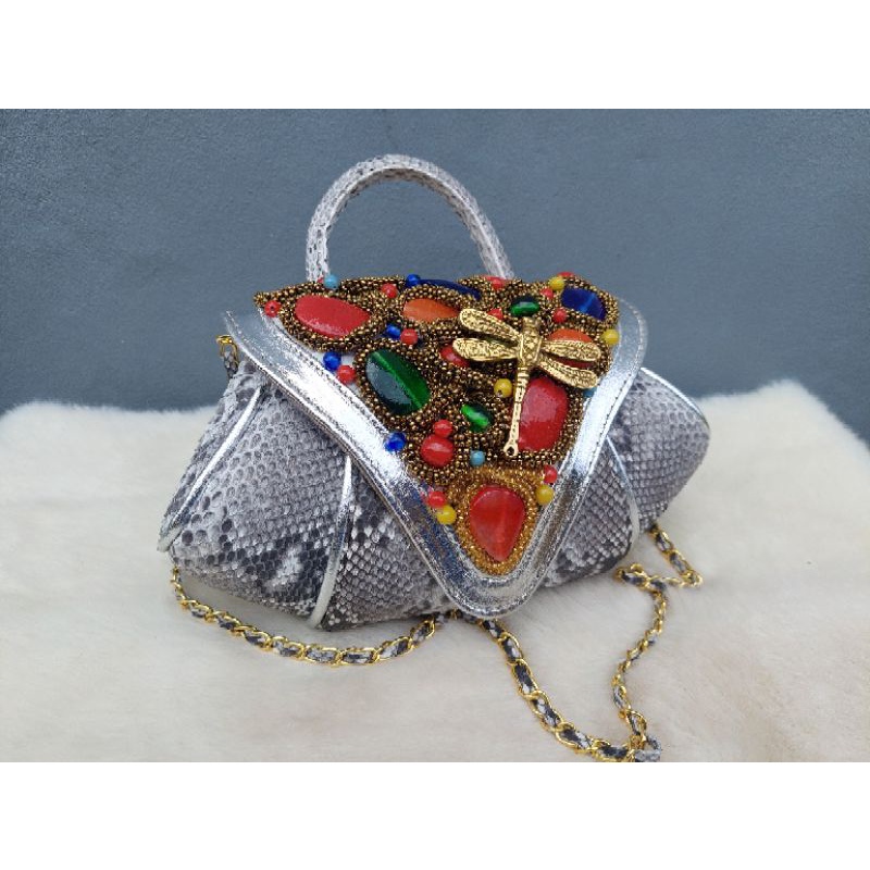 Tas Pesta Kulit Ular Piton / Cluth Pesta Piton Cantik / Clucth Phyton Size S Warna Natural