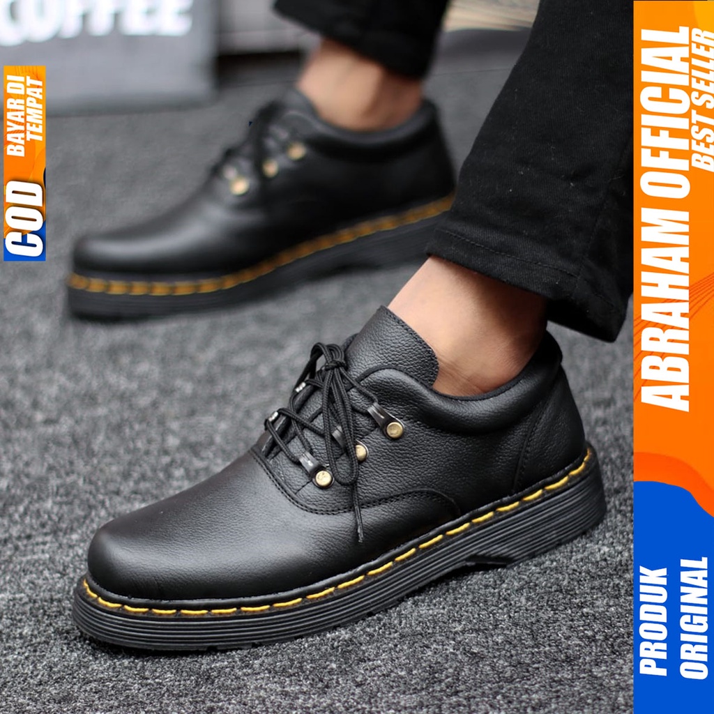 Sepatu Formal Loafer Low Boots Docmart Kulit Asli Hitam Kerja Pria Abraham Vidoc