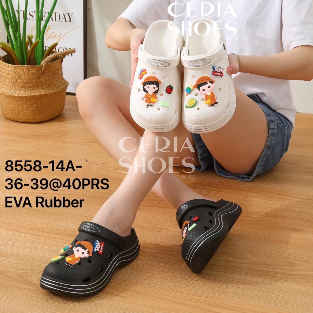 EVA Sandal Wanita Baim Crocs Import Clog Karet Spons Ringan Empuk Tinggi 5 Cm Motif Jibbitz Bocil 858-14A