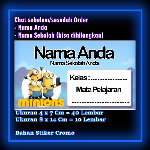 

Stiker Label Buku Minion Minions kuning kartun lucu Karakter Lucu Custom Lebel Nama cromo murah 20 Varian berbeda Sticker Pelajaran Mapel buku anak sekolah Vol 12