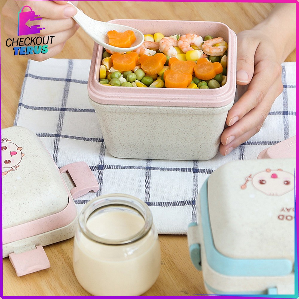 CT C692 Tempat Bekal Bento Set Microwavable Good Mood Everyday Portable BPA FREE Anti Tumpah Free Sendok Bahan PP Jerami Gandum Kotak Makan Lunch Box Set