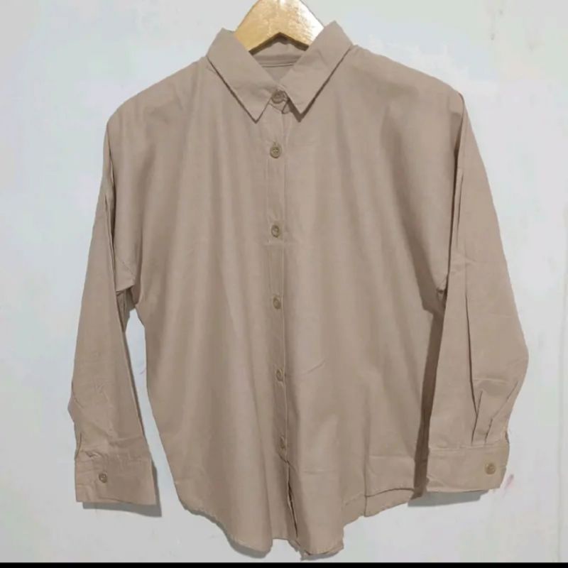 Kemeja Crop Linen Crinkcle Oversize Atasan Basic Shirt Korean Style Lengan panjang Blouse Kancing Depan Belakang