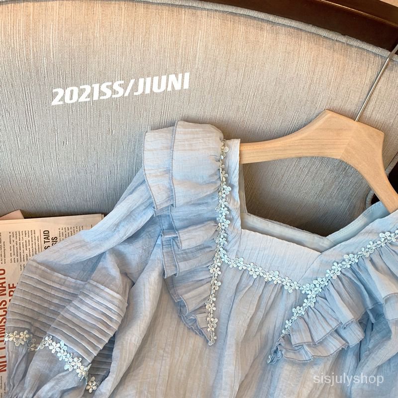 #Sisjuly# Kemeja biru dan celana pendek wanita mengatur dua potong Prancis baru