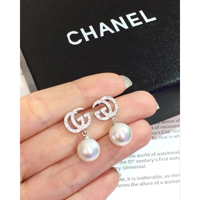 Anting Mata Mutiara Gantung Reblika Berlian Rodium