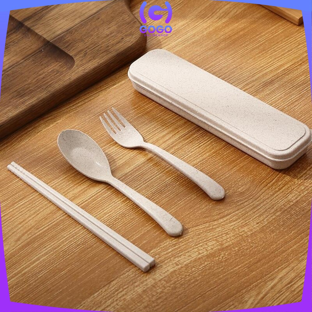 GOGO-C176 Sendok Garpu Sumpit 3in1 Travel Cutlery Set Alat Makan Set Korea Bahan Jerami Gandum Impor