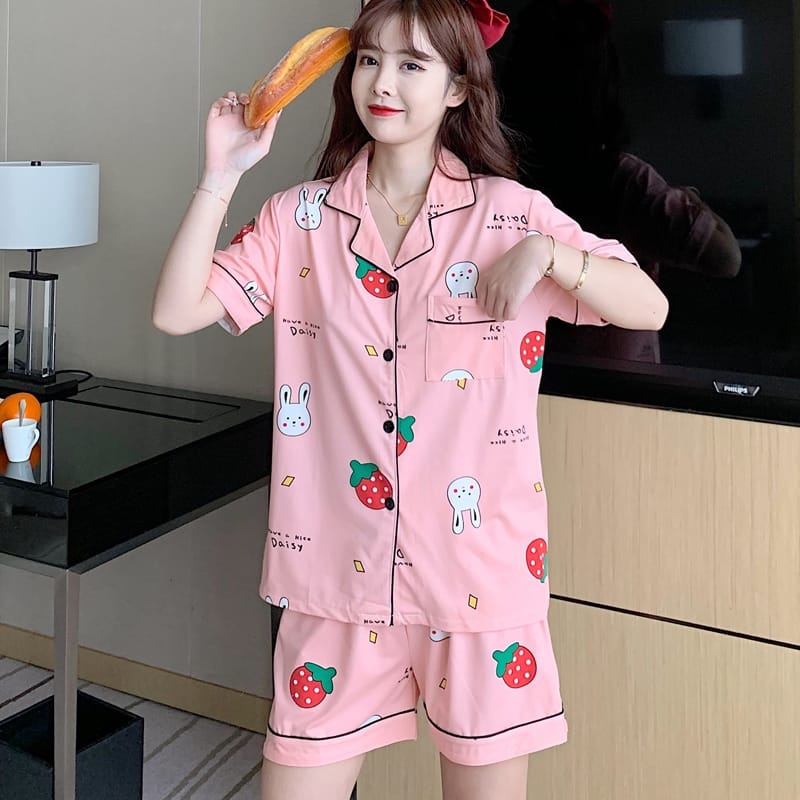 TELLY ➡️ 319 Set Baju Tidur Wanita Dewasa Celana Pendek Piyama Model Kemeja HP Import Korea Motif Kekinian